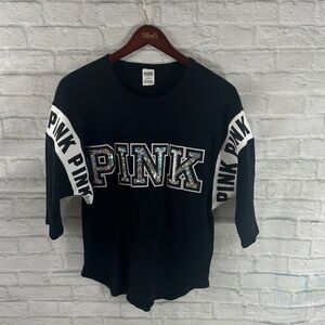 PINK Victoria's Secret Black 3/4 Sleeve with Sequin PINK Logo